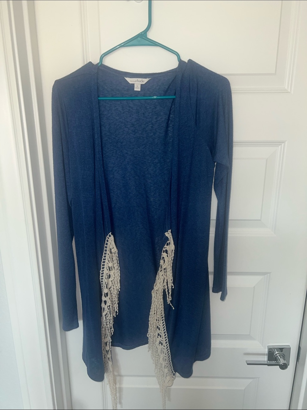 Navy Open-Front Cardigan with Cream Crochet Fringe